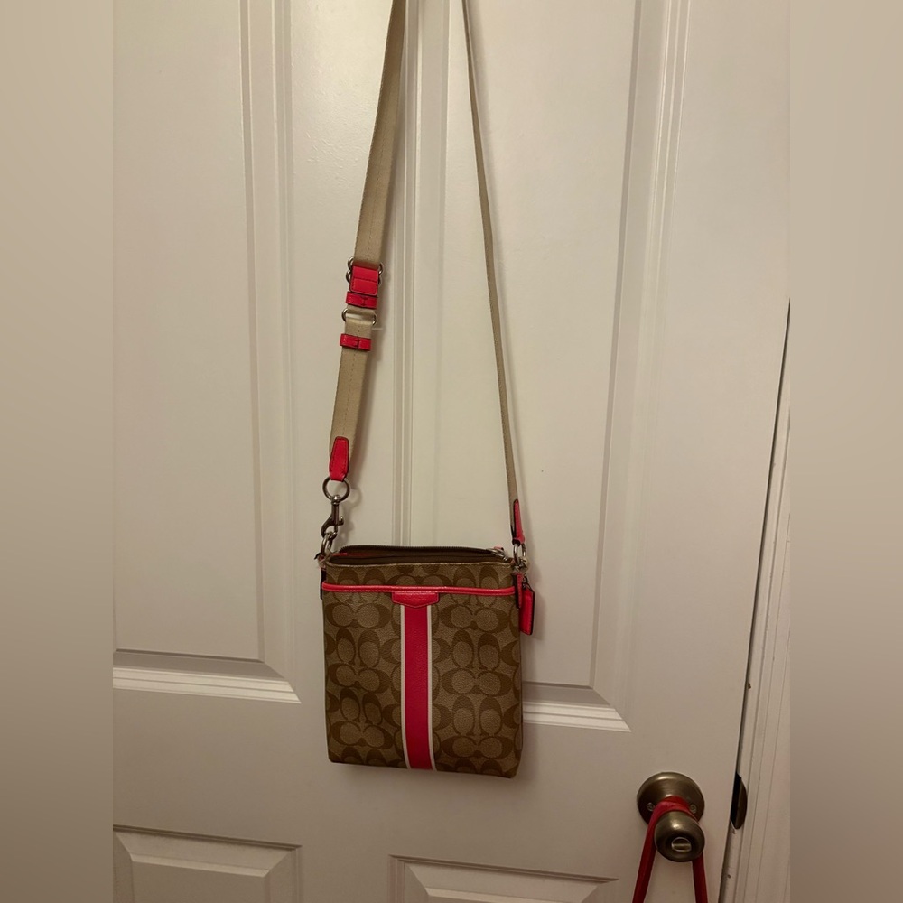 Coach Crossbody Bag - signature logo canvas with hot pink leather trim